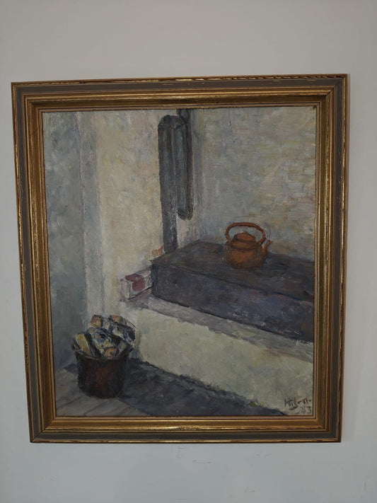 “Ugnen i ateljén (The Stove in the Studio)” – Oil Painting on Panel, Dated 1943