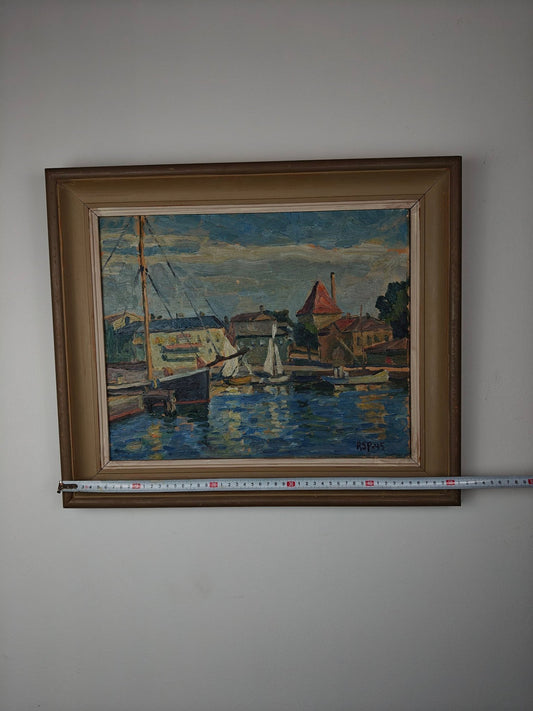 Signed Oil Painting by Gösta Asp, 1945 – “Strömstad” Harbour Scene (W049)