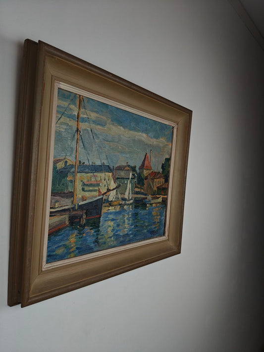 Signed Oil Painting by Gösta Asp, 1945 – “Strömstad” Harbour Scene (W049)