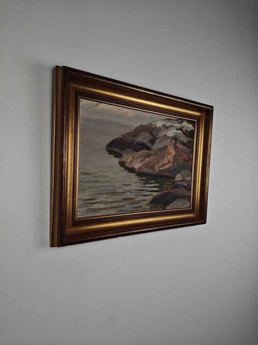Sunbathing by Vättern – Oil Painting on Panel, 1947 – Folke Vilhelm Matteus Bülow