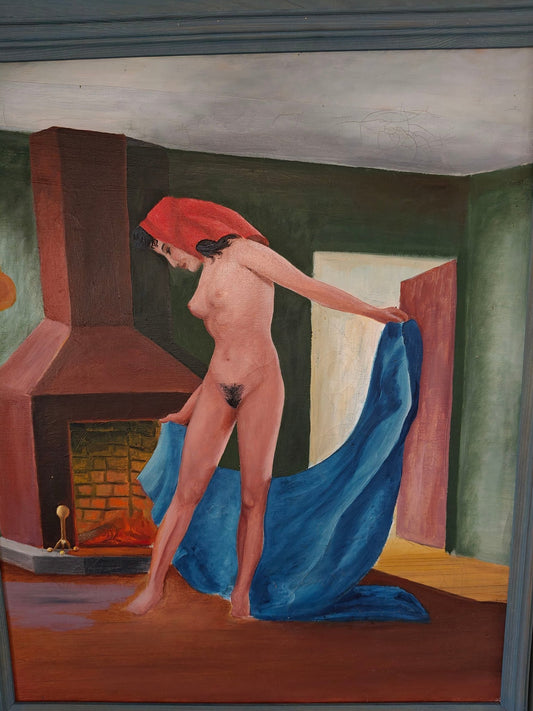 Signed Oil Painting by Preben W. Christensen, 1965 – Nude Figure Interior
