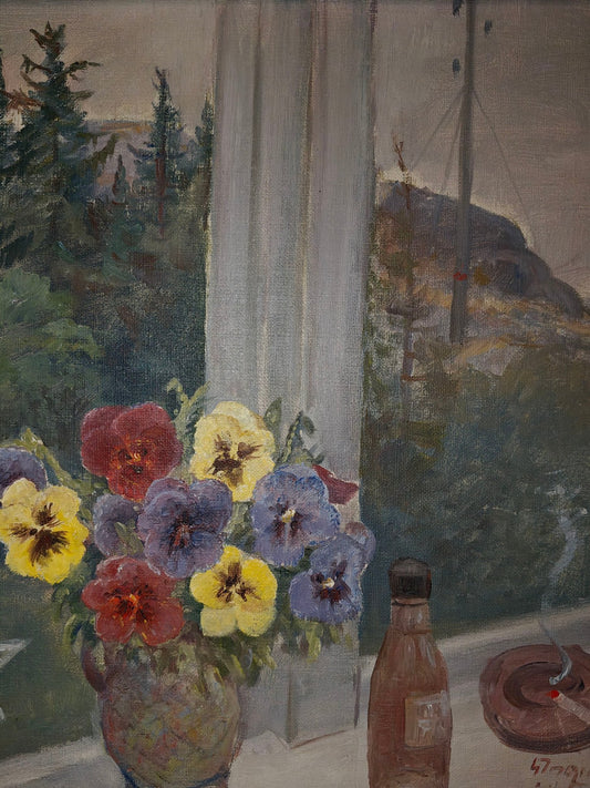 Floral Still Life by a Window – Oil Painting, c. 1943