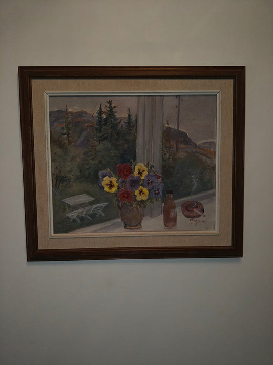Floral Still Life by a Window – Oil Painting, c. 1943