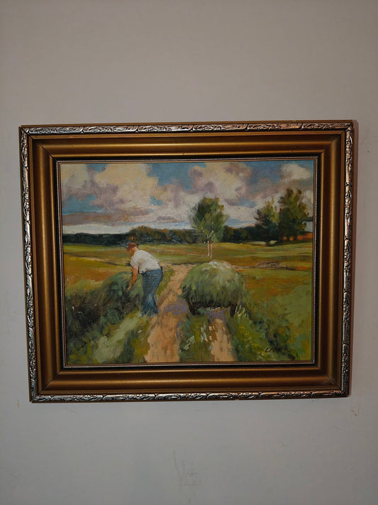 Signed Oil Painting on Panel – Farmer at Work in the Field, Rural Motif with Gilt Frame