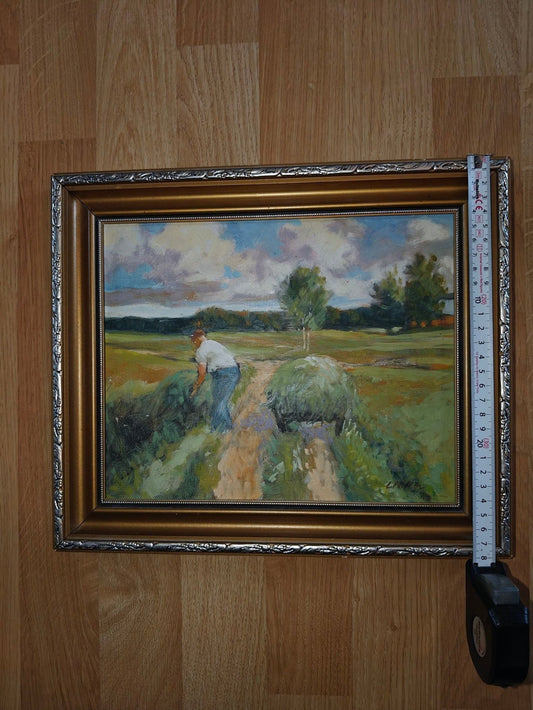 Signed Oil Painting on Panel – Farmer at Work in the Field, Rural Motif with Gilt Frame