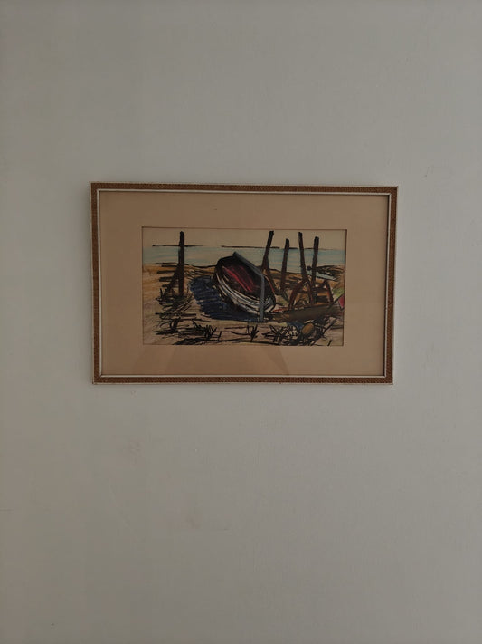Pastel Drawing – Boat by the Shore – Coastal Scene, Signed