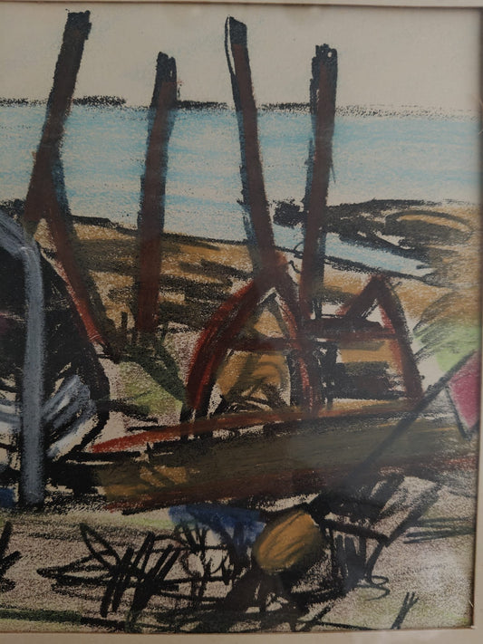 Pastel Drawing – Boat by the Shore – Coastal Scene, Signed