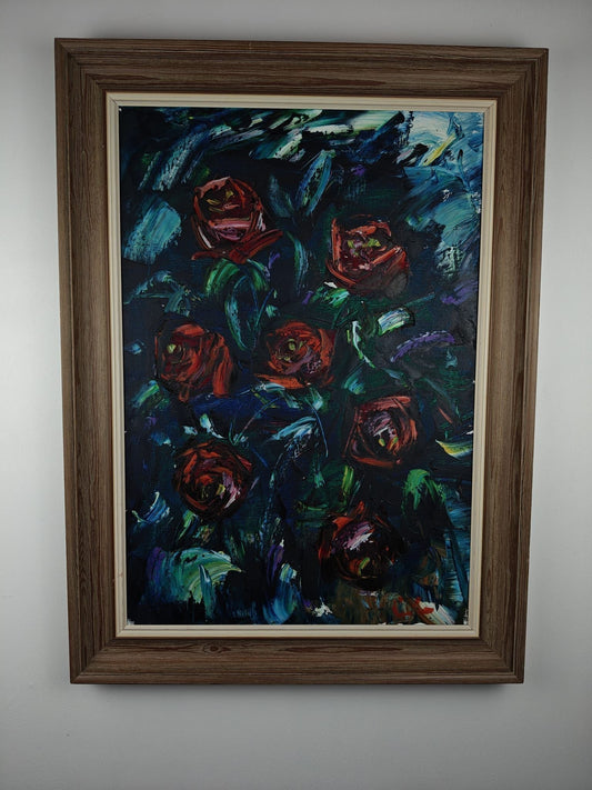 Large Oil Painting – Expressionist Roses – Signed 77 × 57 cm