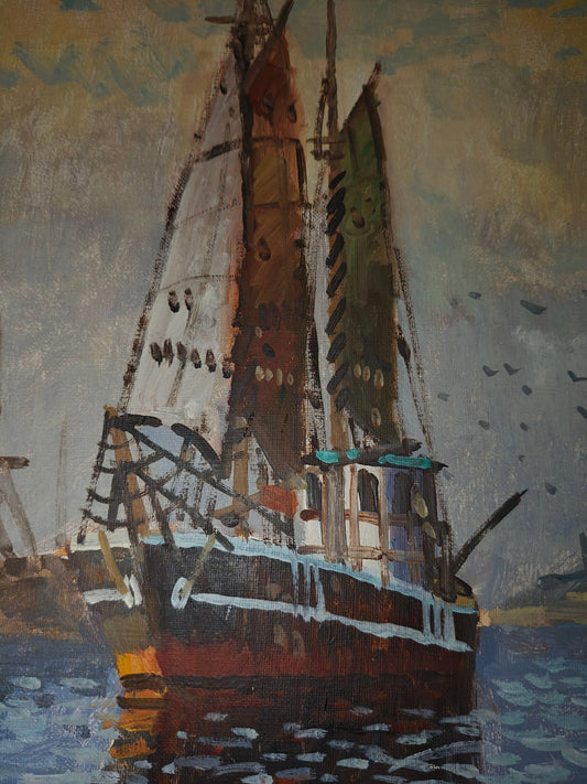 Eric Lundgren – Sailboat in Harbor – Oil Painting on Canvas – Signed