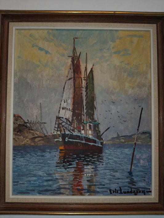 Eric Lundgren – Sailboat in Harbor – Oil Painting on Canvas – Signed