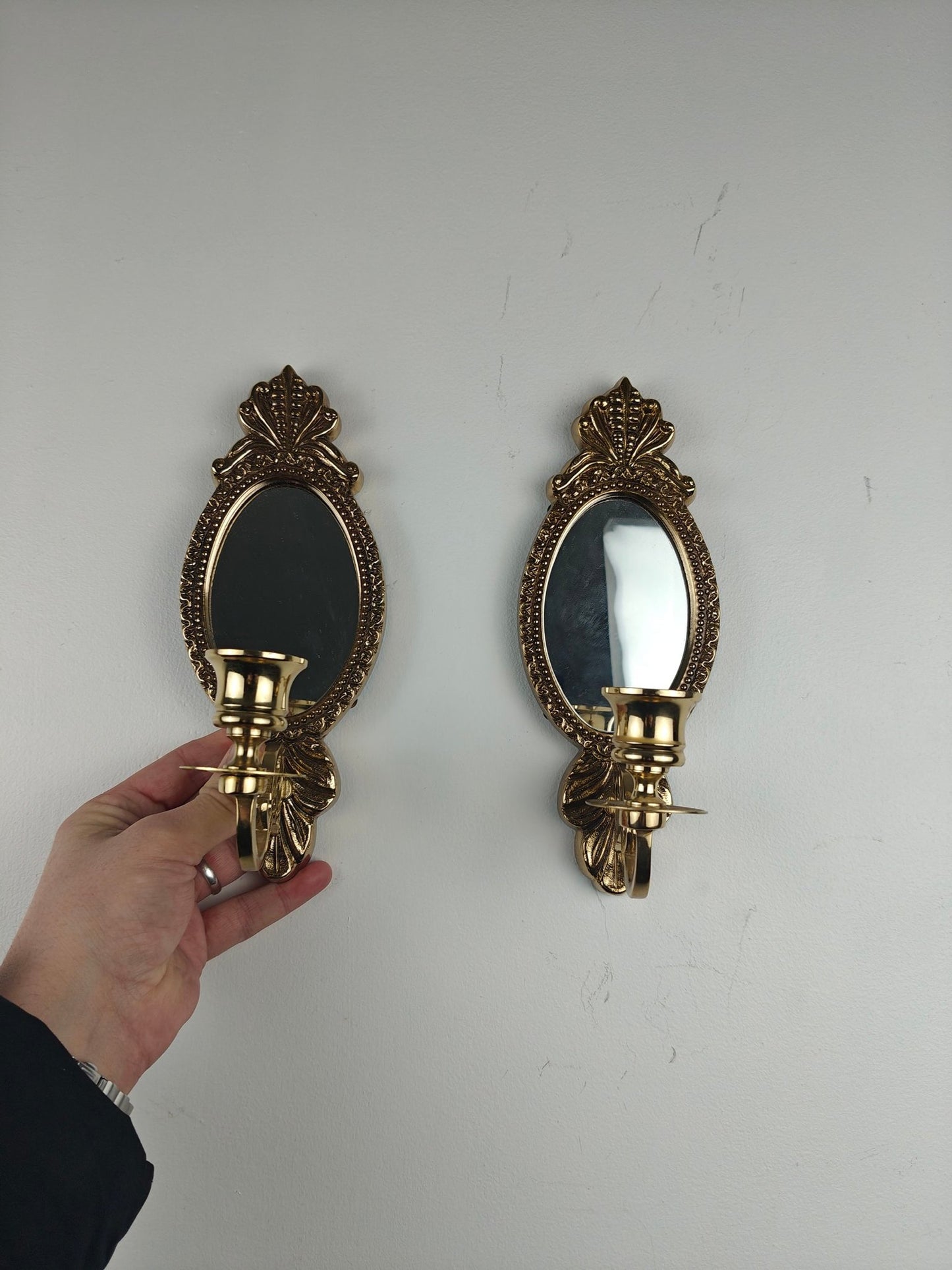 Pair of Brass Wall Sconces with Mirror – Baroque  Rococo Style