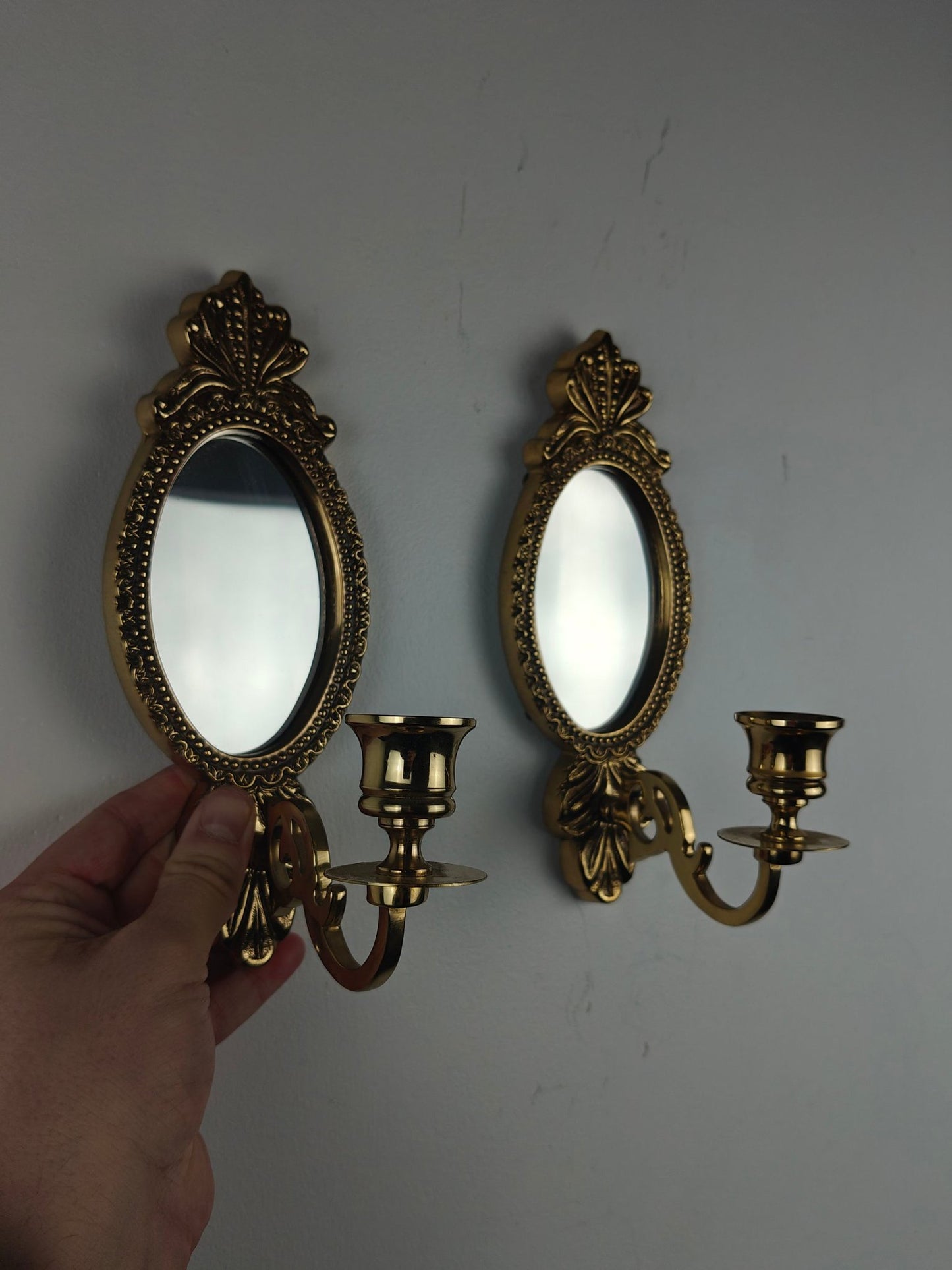 Pair of Brass Wall Sconces with Mirror – Baroque  Rococo Style