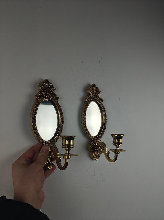 Pair of Brass Wall Sconces with Mirror – Baroque  Rococo Style