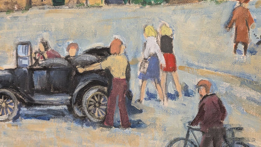 Tage Fridén – Market Square Scene with Vintage Car – Oil Painting on Canvas, 1976