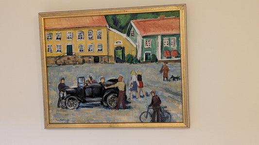 Tage Fridén – Market Square Scene with Vintage Car – Oil Painting on Canvas, 1976