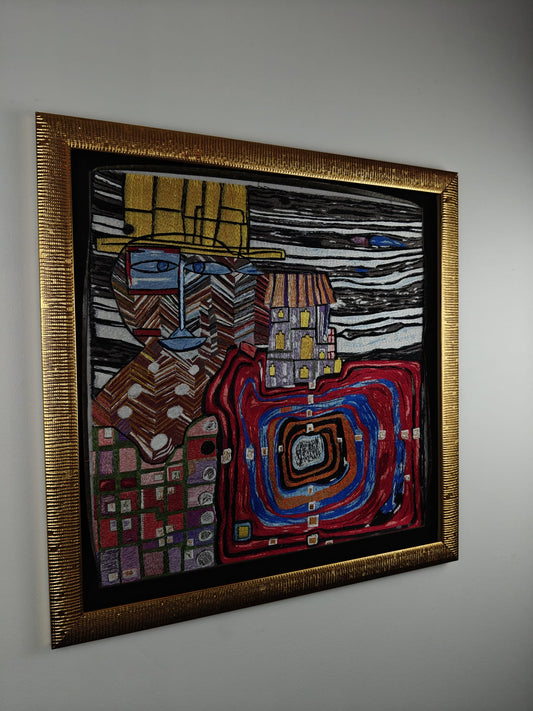 Large Handcrafted Textile Art / Embroidery 58 × 58 cm – Hundertwasser-inspired fiber art (W119)