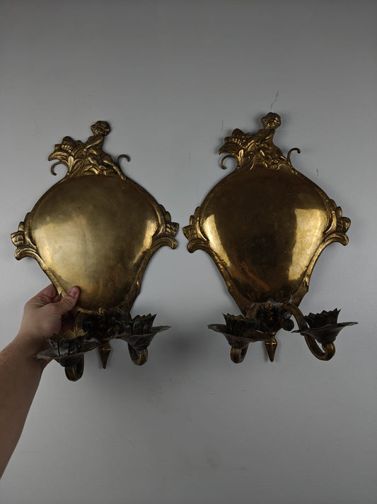 Pair of Brass Candle Wall Sconces – Late Baroque / Rococo Style