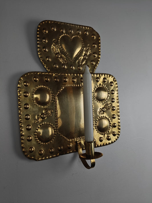 Antique Brass Candle Plate with Heart Motif – Scandinavian Folk Art (W133)