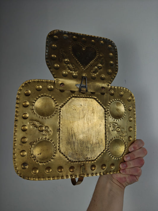 Antique Brass Candle Plate with Heart Motif – Scandinavian Folk Art (W133)