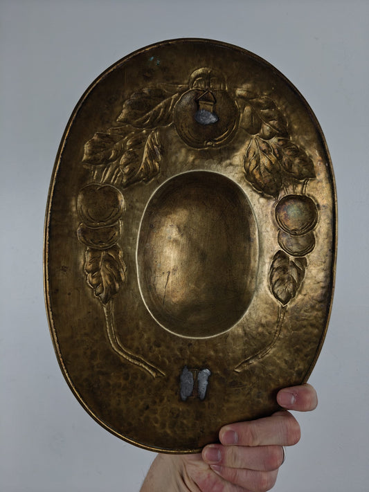 Antique Brass Candle Plate with Dual Candle Holders – Decorative Relief (W132)