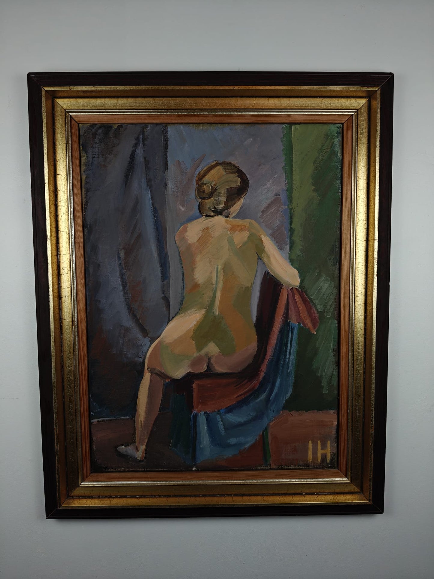Seated Nude Woman – Oil on Canvas, Signed “IH” (W141)