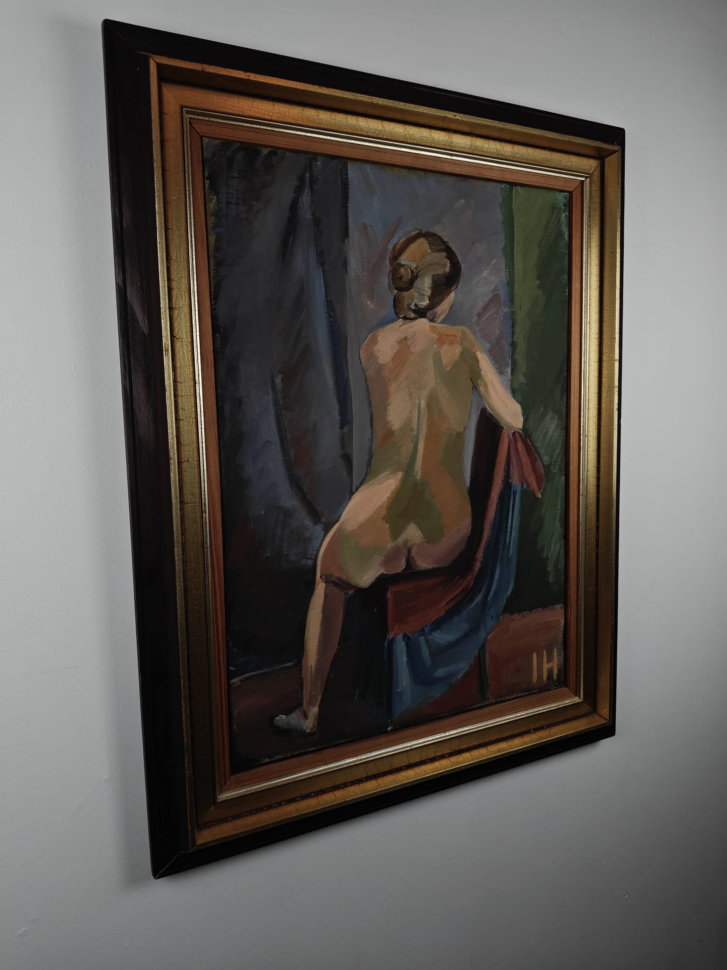 Seated Nude Woman – Oil on Canvas, Signed “IH” (W141)