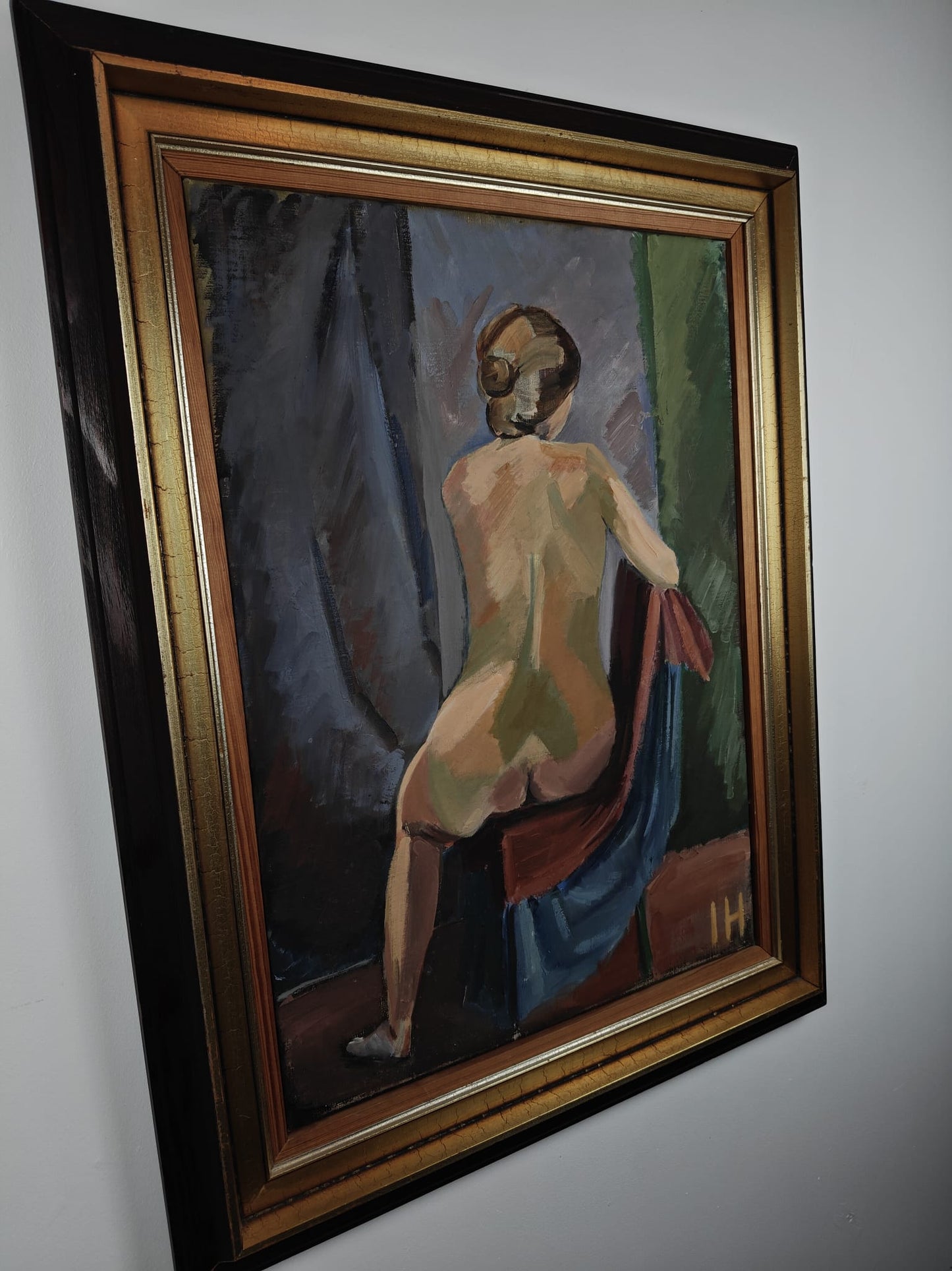 Seated Nude Woman – Oil on Canvas, Signed “IH” (W141)