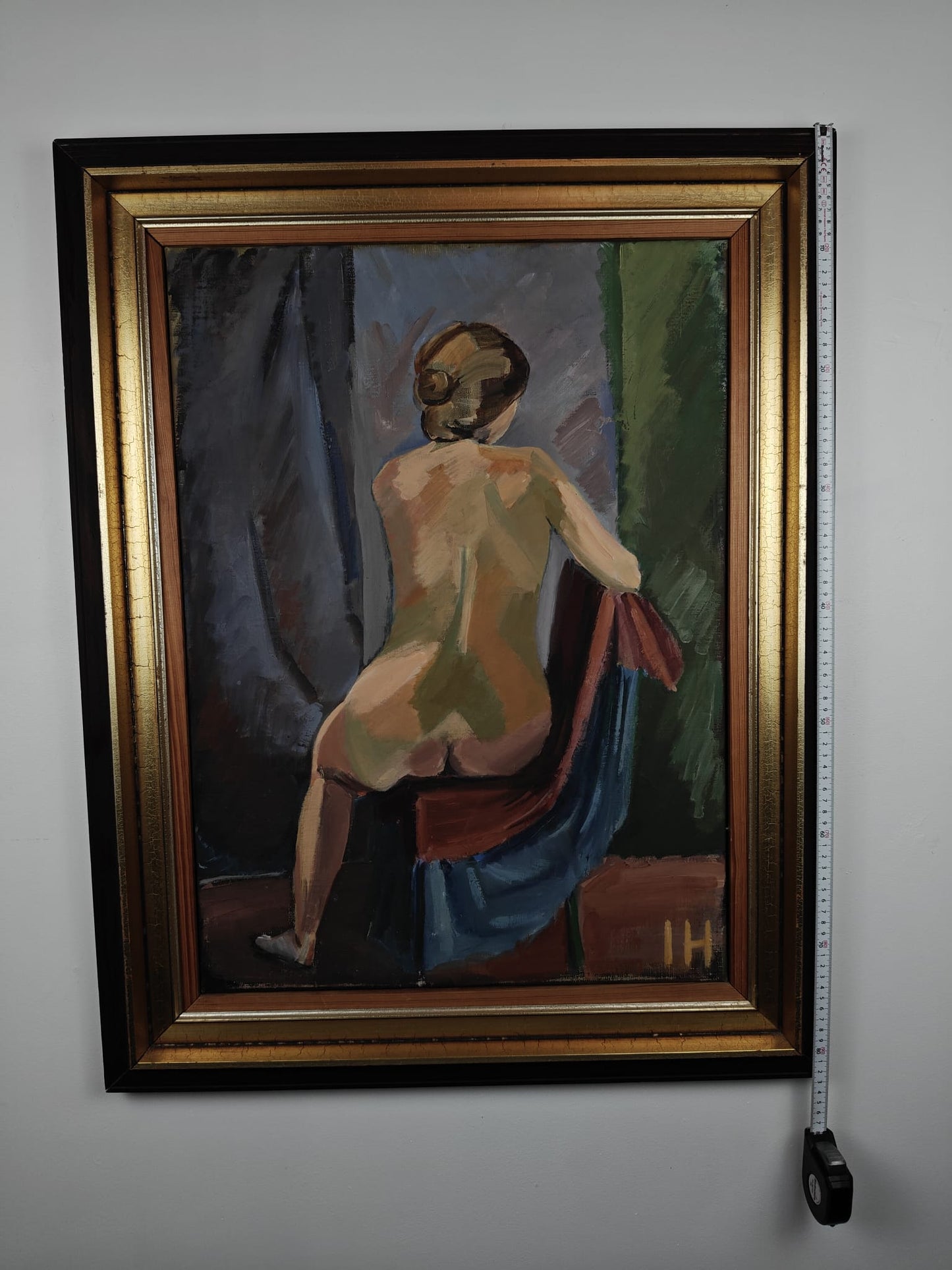 Seated Nude Woman – Oil on Canvas, Signed “IH” (W141)