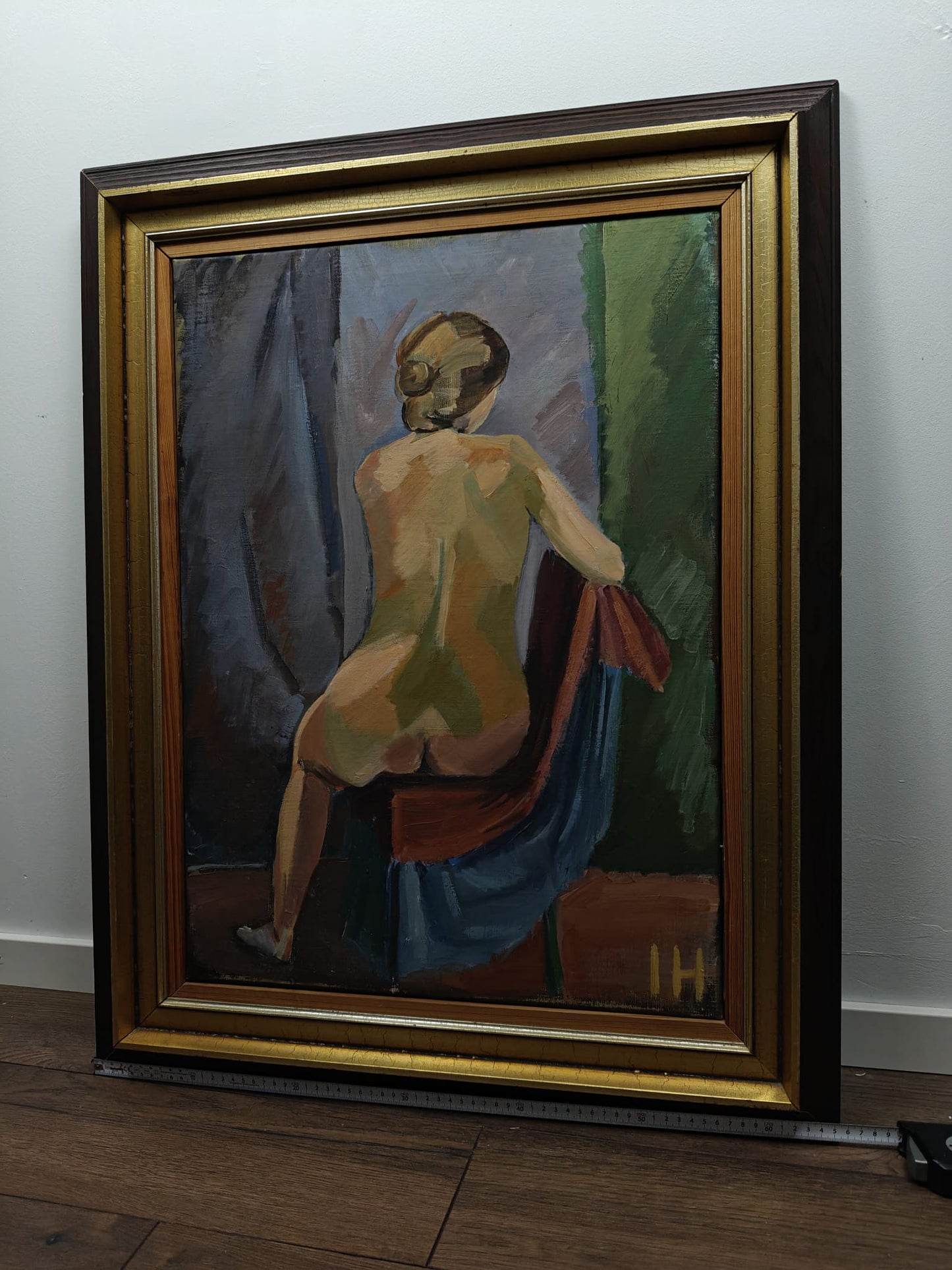 Seated Nude Woman – Oil on Canvas, Signed “IH” (W141)