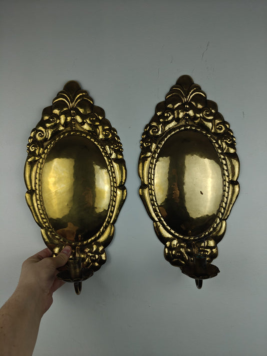 Pair of Brass Wall Candle Plates with Mirror – Rococo / Baroque Style