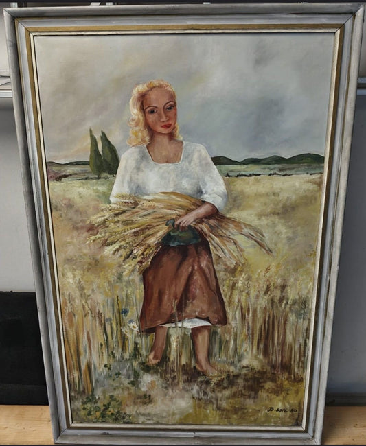 “Skördekvinna (Harvest Woman)” – Large Figurative Oil Painting on Canvas, 1950