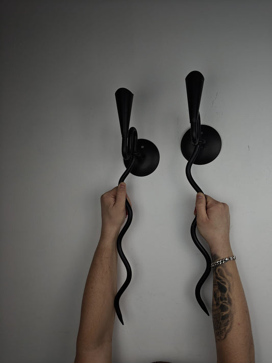 Pair of Hand-Forged Black Iron Wall Candle Sconces – Sculptural Design (W130)
