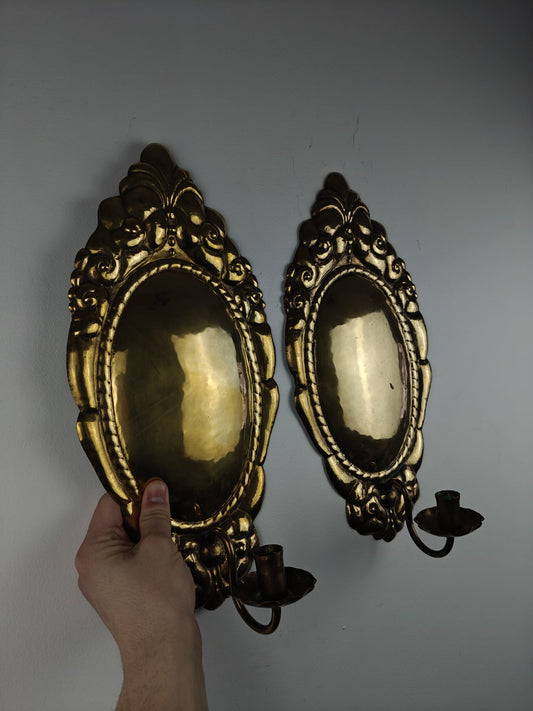 Pair of Brass Wall Candle Plates with Mirror – Rococo / Baroque Style
